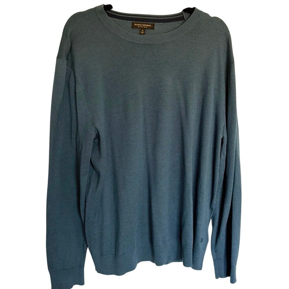 Banana Republic, XL, Teal Blue Merino Wool Sweater, Crewneck, Fine Knit, Mens